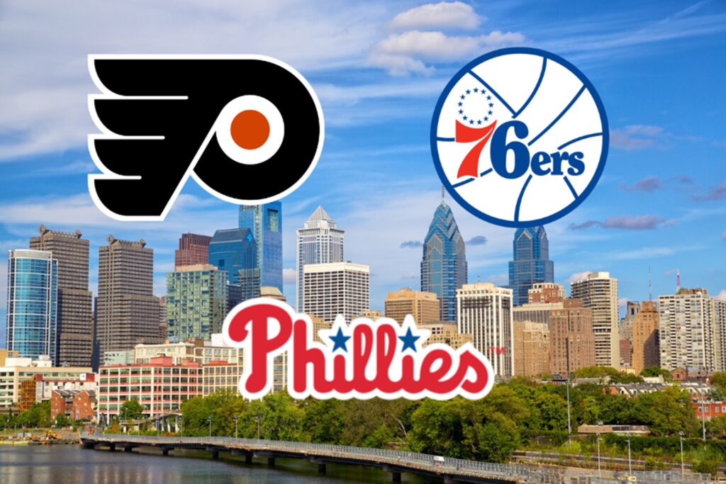 Philadelphia skyline with oversized Flyers and 76ers logos overlaid on the cityscape (Phillies logo partially visible).